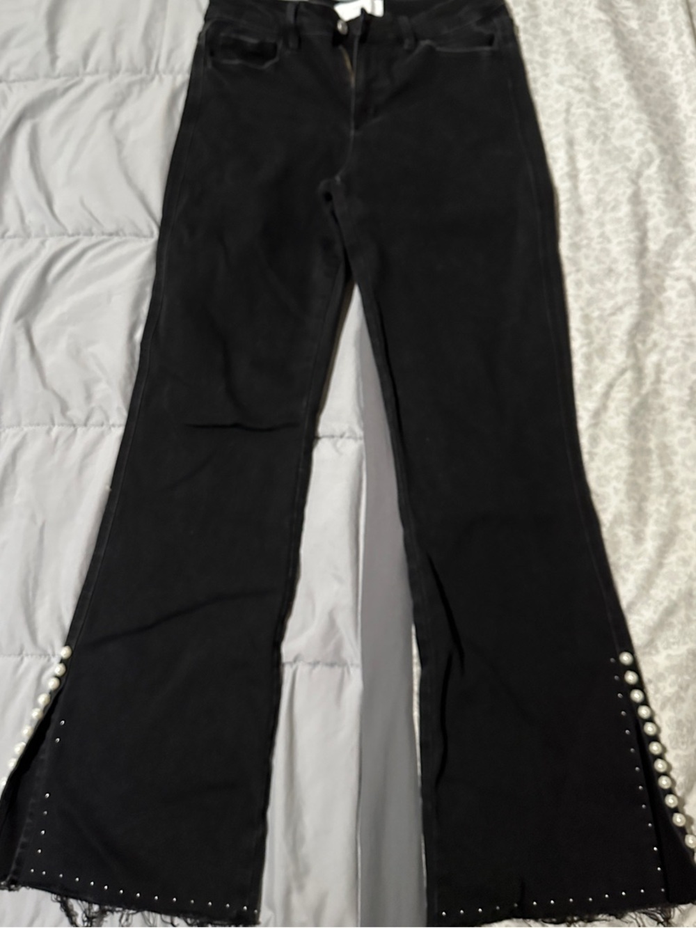 Black Pearl-Embellished Flare Jeans for Women